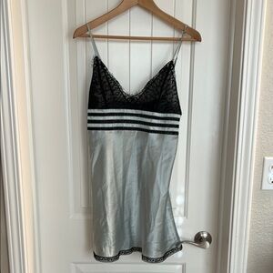 Morgan Taylor Black and Light Blue Satin Chemise with Lace Trim